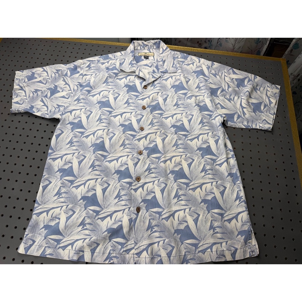 Tommy Bahama Mens Blue White Tropical Palm Leaf 100% Silk Camp Shirt Medium
